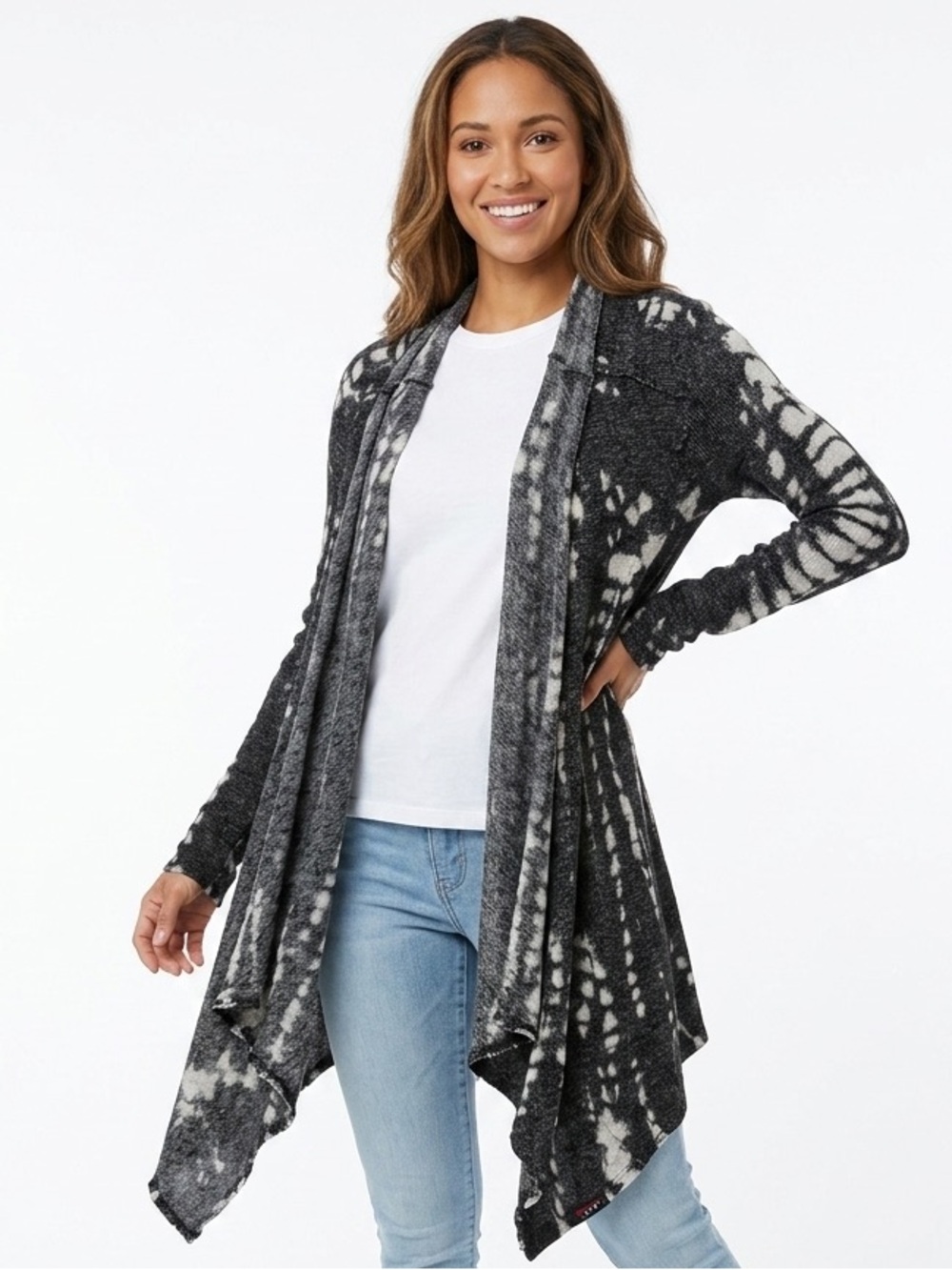 T Party Black Gray & White Tie Dye Draped Waterfall Cardigan Size Small